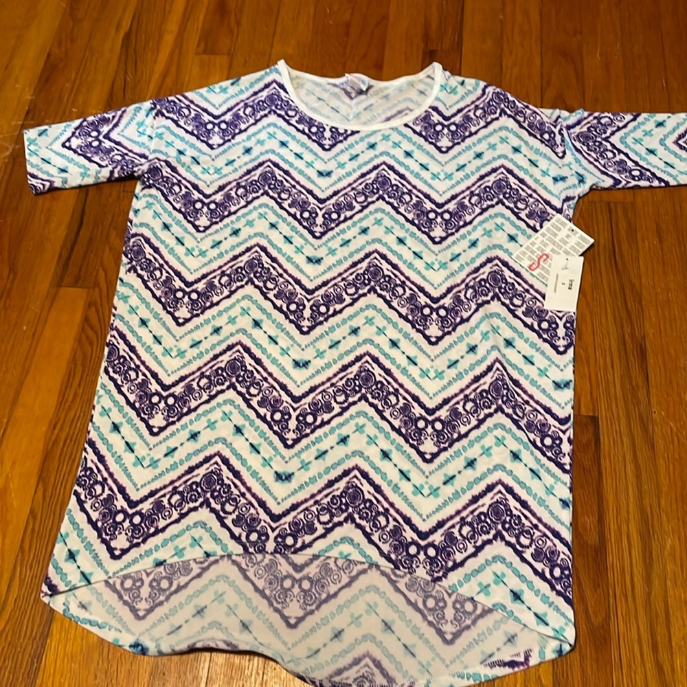 NWT Small LuLaRoe Irma. Tye-dye design with blue and purple accents.
